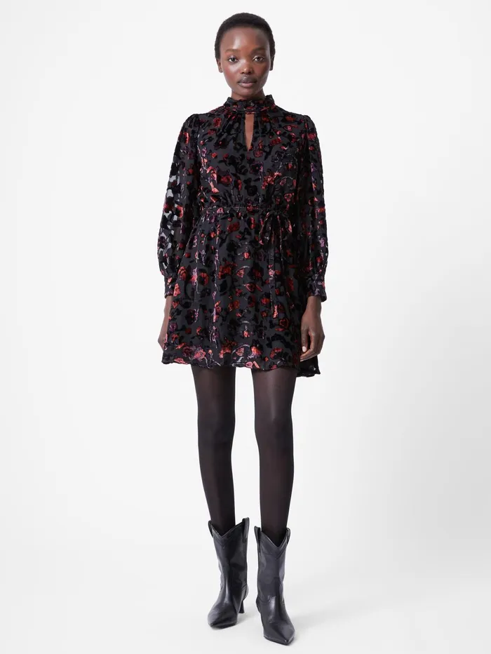 French Connection Avery Devore High Neck Mini Dress S BlackRed Woman Dresses