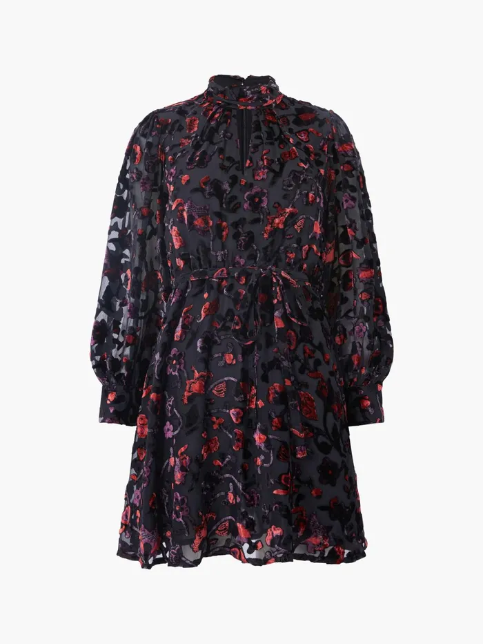 French Connection Avery Devore High Neck Mini Dress S BlackRed Woman Dresses