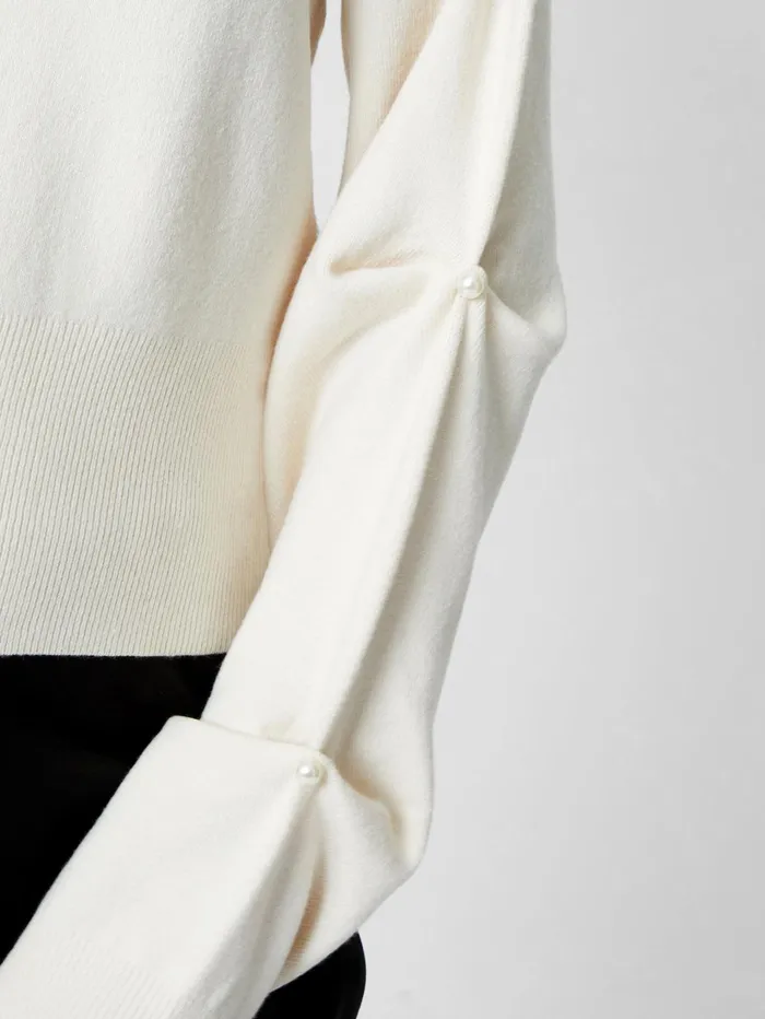 French Connection Babysoft Faux Pearl Sleeve Crew Neck Jumper Classic Cream Woman Jumpers and Cardigans