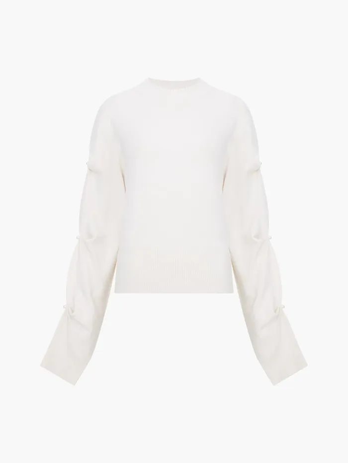 French Connection Babysoft Faux Pearl Sleeve Crew Neck Jumper Classic Cream Woman Jumpers and Cardigans