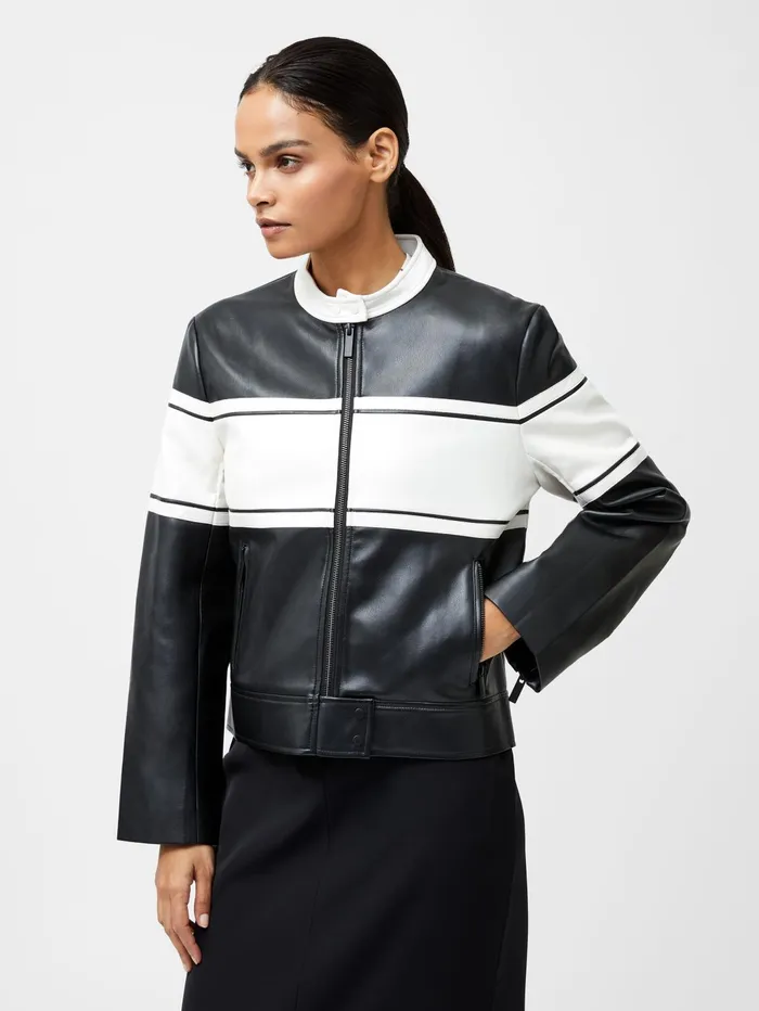 French Connection Berkely Racer PU Leather Jacket BlackCream Woman Coats and Jackets