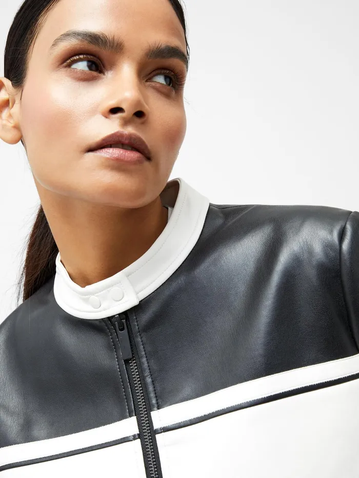 French Connection Berkely Racer PU Leather Jacket BlackCream Woman Coats and Jackets