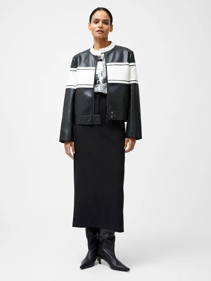 French Connection Berkely Racer PU Leather Jacket BlackCream Woman Coats and Jackets