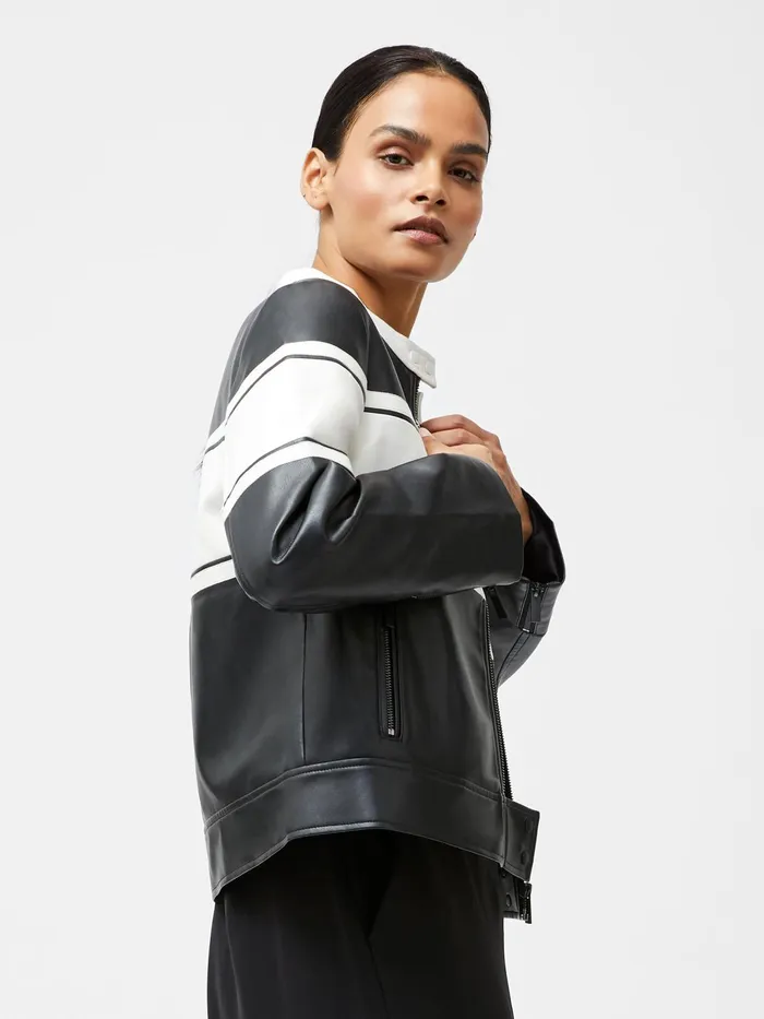 French Connection Berkely Racer PU Leather Jacket BlackCream Woman Coats and Jackets
