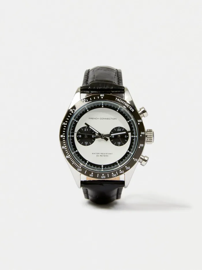 French Connection Black Leather Strap Watch With White Dial Black Man Watches