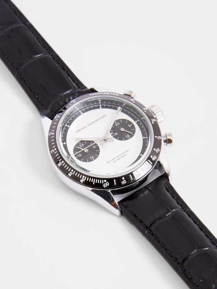 French Connection Black Leather Strap Watch With White Dial Black Man Watches