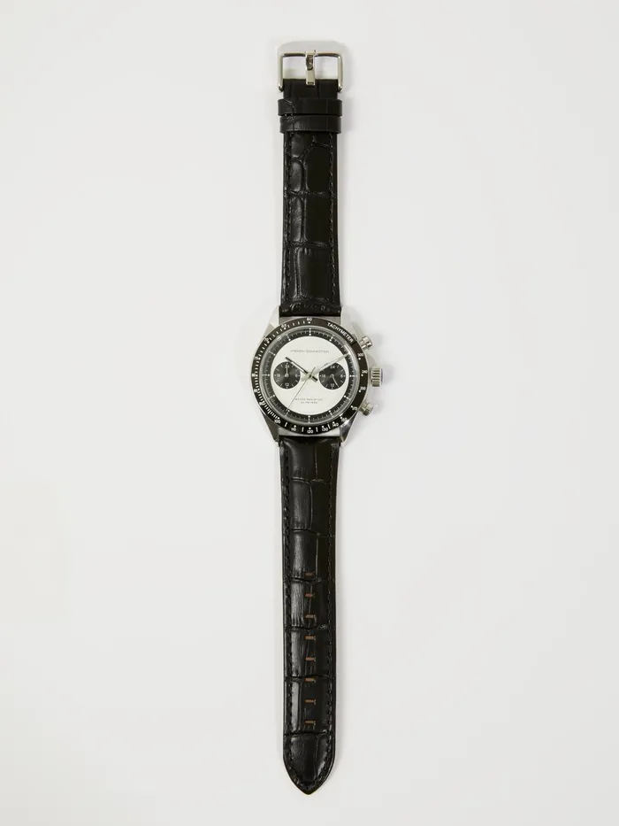 French Connection Black Leather Strap Watch With White Dial Black Man Watches