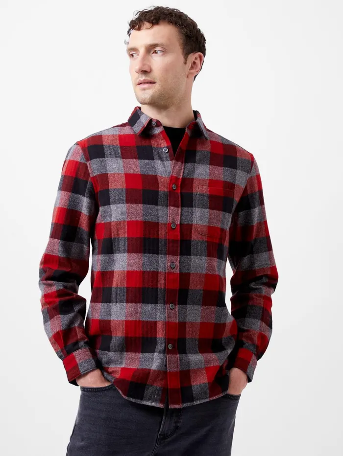 French Connection Brushed Flannel Check Shirt Burgundy Red Man Shirts