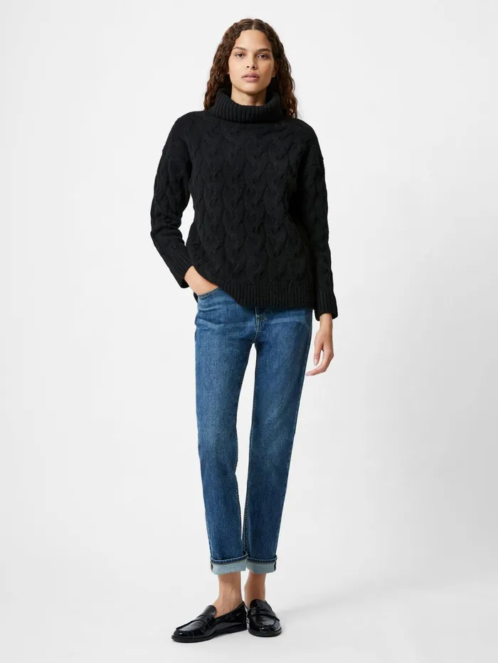French Connection Cable Knit Roll Neck Jumper Black Woman Jumpers and Cardigans