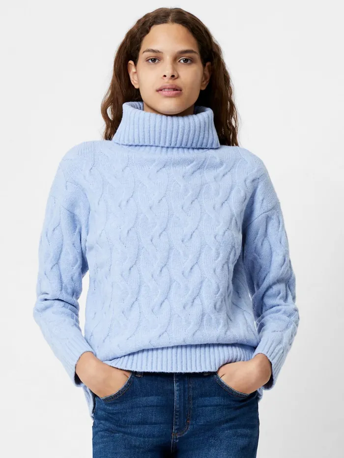 French Connection Cable Knit Roll Neck Jumper Crystal Clear Blue Woman Jumpers and Cardigans French Connection Cable Knit Roll Neck Jumper Crystal Clear Blue Woman Jumpers and Cardigans