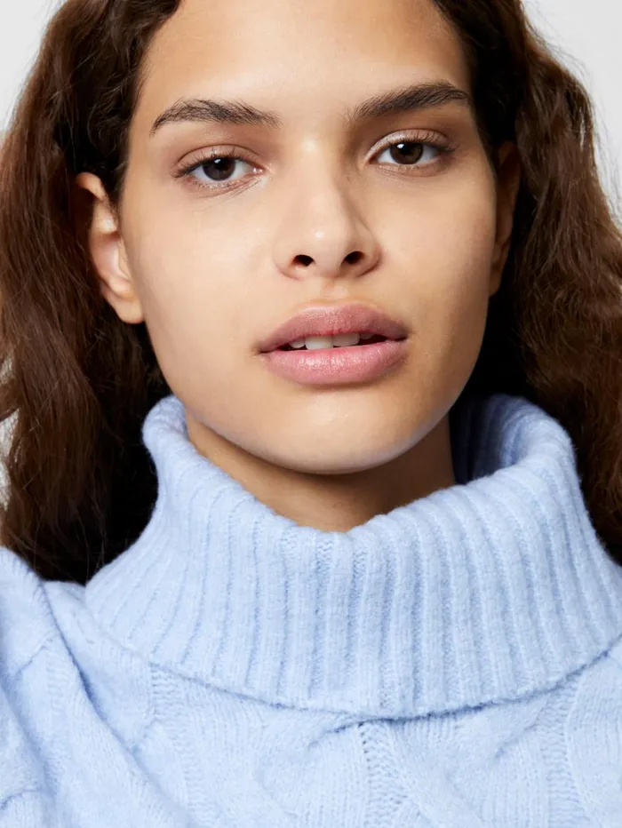French Connection Cable Knit Roll Neck Jumper Crystal Clear Blue Woman Jumpers and Cardigans