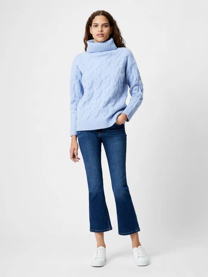 French Connection Cable Knit Roll Neck Jumper Crystal Clear Blue Woman Jumpers and Cardigans