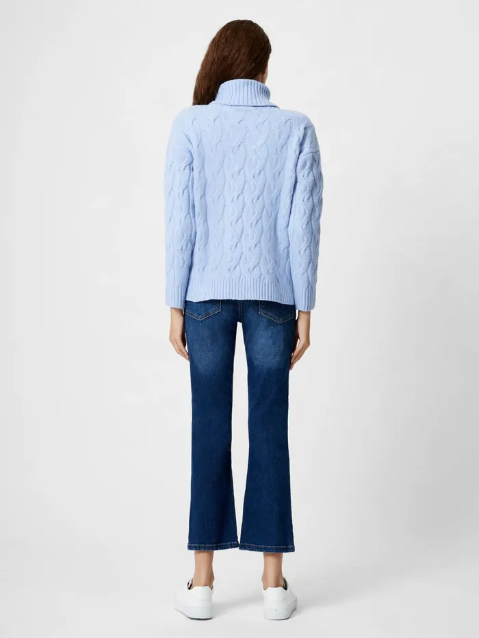 French Connection Cable Knit Roll Neck Jumper Crystal Clear Blue Woman Jumpers and Cardigans