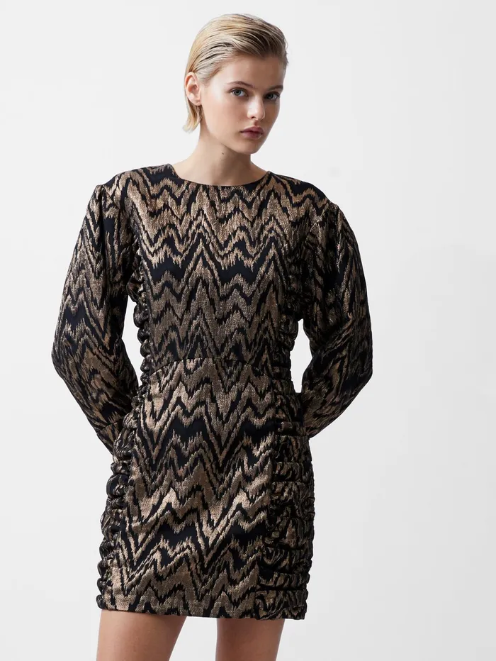 French Connection Ellery Eco Jacquard Puff Sleeve Mini Dress BlackoutCopper Woman Dresses