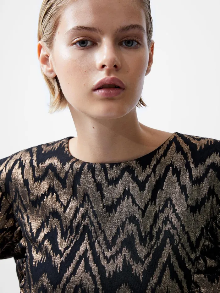 French Connection Ellery Eco Jacquard Puff Sleeve Mini Dress BlackoutCopper Woman Dresses