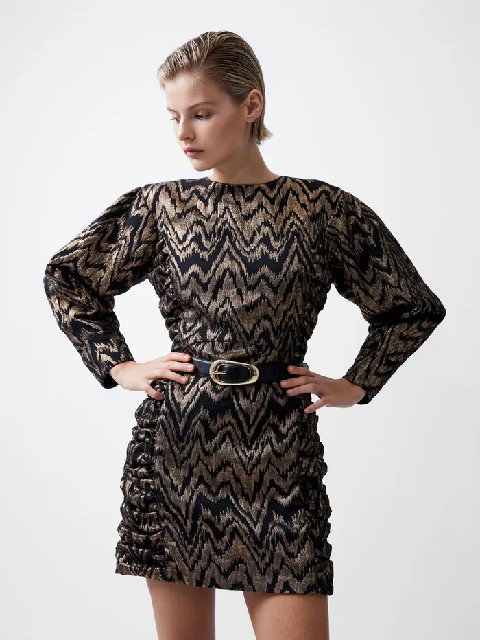 French Connection Ellery Eco Jacquard Puff Sleeve Mini Dress BlackoutCopper Woman Dresses