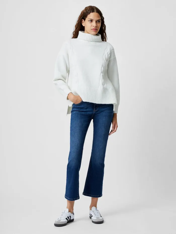 French Connection Funnel Neck Stepped Hem Cable Knit Jumper Winter White Woman Jumpers and Cardigans