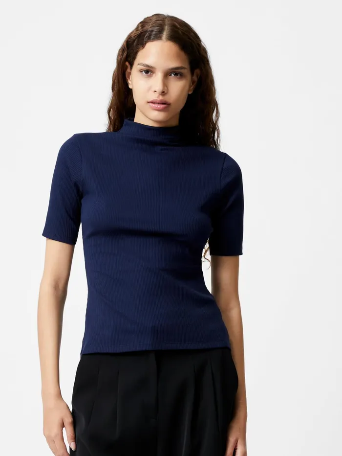 French Connection Grown On Turtleneck Ribbed Top Midnight Blue Woman Tops