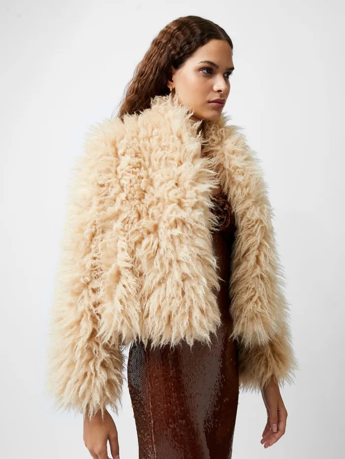 French Connection Harvey Faux Fur Jacket Light Beige Woman Coats and Jackets