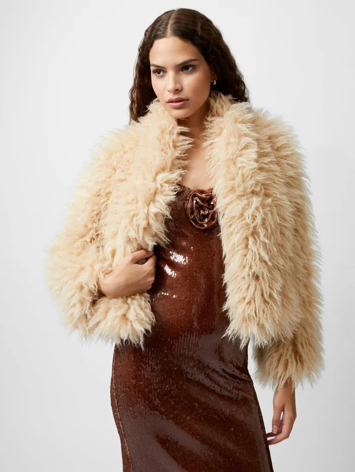 French Connection Harvey Faux Fur Jacket Light Beige Woman Coats and Jackets