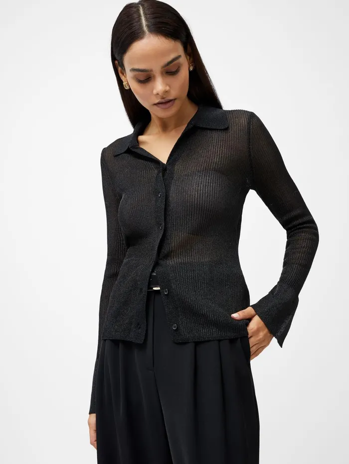 French Connection Lurex Mix Collared Top Black Woman Tops