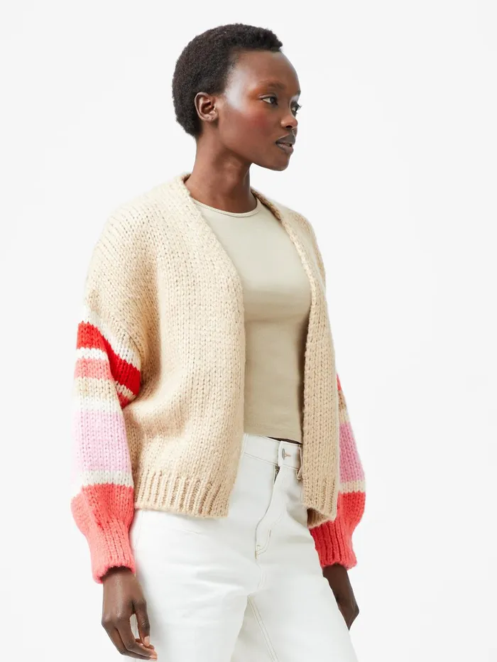 French Connection Monroe Stripe Long Sleeve V Neck Cardigan Sand Multi Stripe Woman Jumpers and Cardigans