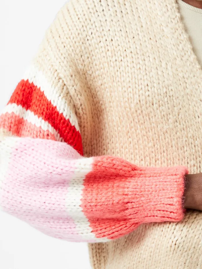 French Connection Monroe Stripe Long Sleeve V Neck Cardigan Sand Multi Stripe Woman Jumpers and Cardigans