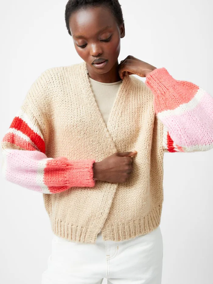French Connection Monroe Stripe Long Sleeve V Neck Cardigan Sand Multi Stripe Woman Jumpers and Cardigans