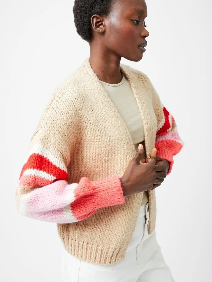 French Connection Monroe Stripe Long Sleeve V Neck Cardigan Sand Multi Stripe Woman Jumpers and Cardigans