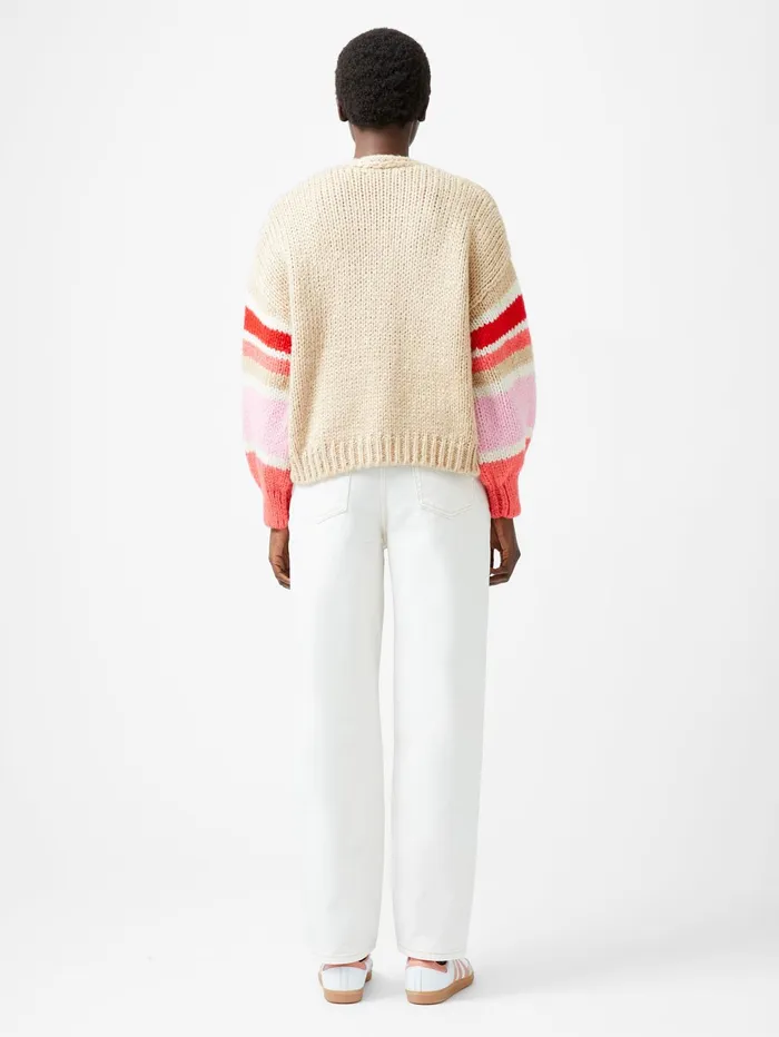 French Connection Monroe Stripe Long Sleeve V Neck Cardigan Sand Multi Stripe Woman Jumpers and Cardigans