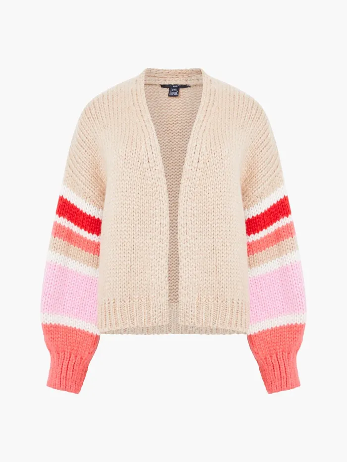 French Connection Monroe Stripe Long Sleeve V Neck Cardigan Sand Multi Stripe Woman Jumpers and Cardigans