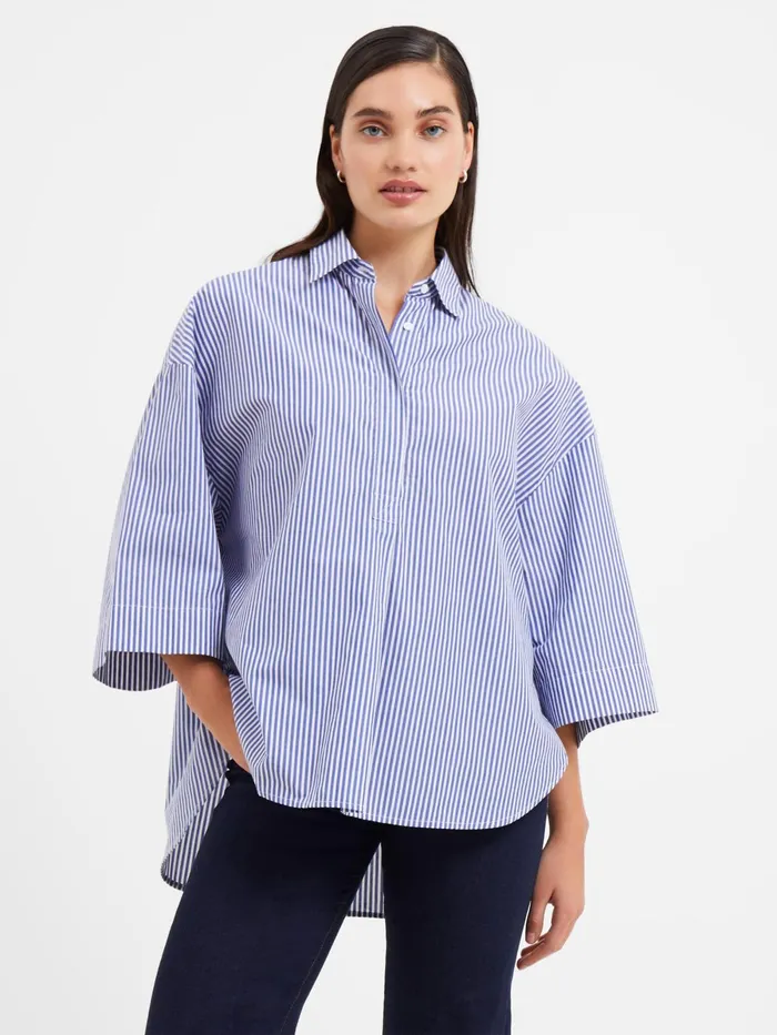 French Connection Rhodes Poplin Stripe Popover Shirt Blue White Woman Tops