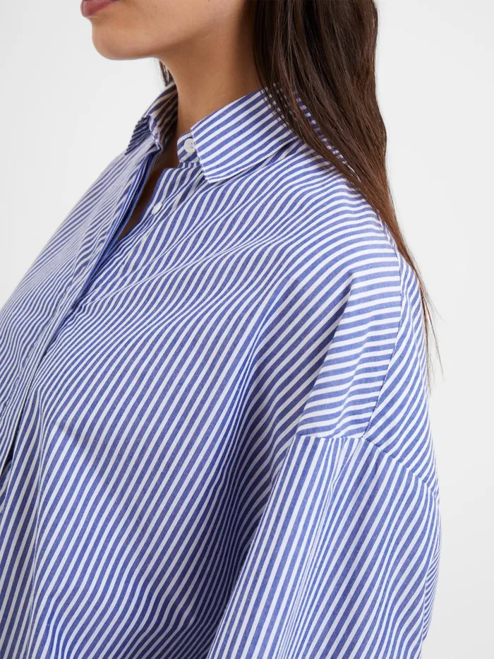 French Connection Rhodes Poplin Stripe Popover Shirt Blue White Woman Tops