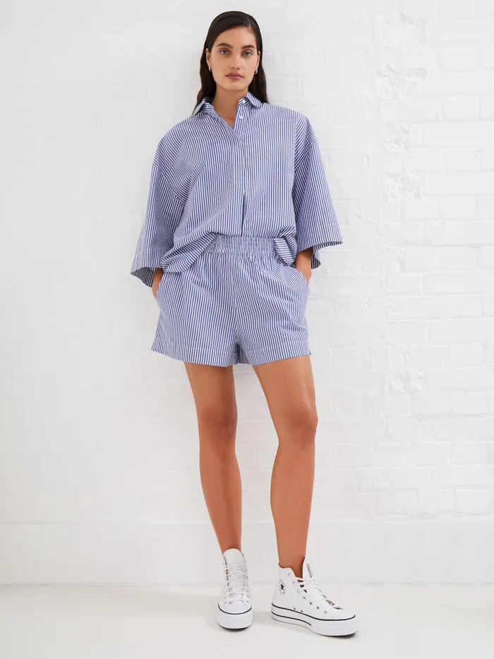 French Connection Rhodes Poplin Stripe Popover Shirt Blue White Woman Tops