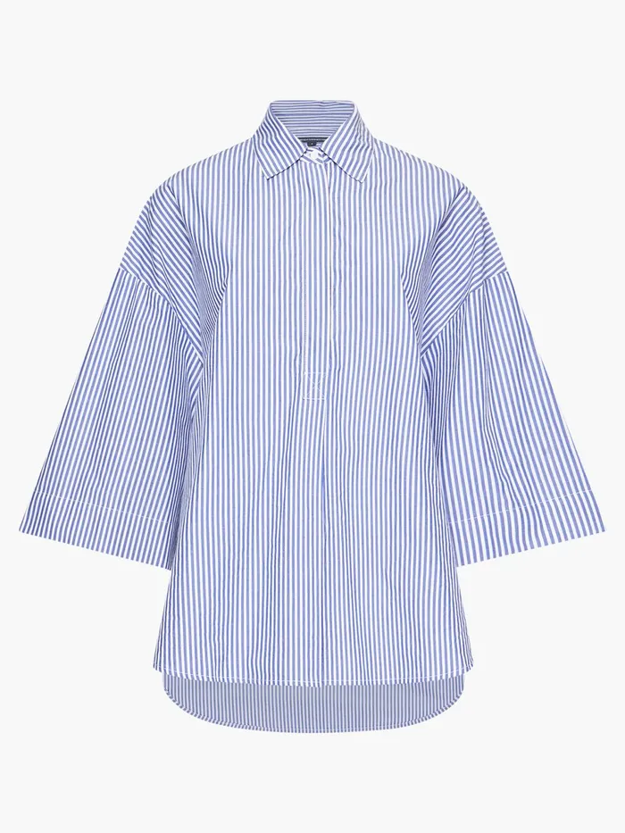 French Connection Rhodes Poplin Stripe Popover Shirt Blue White Woman Tops