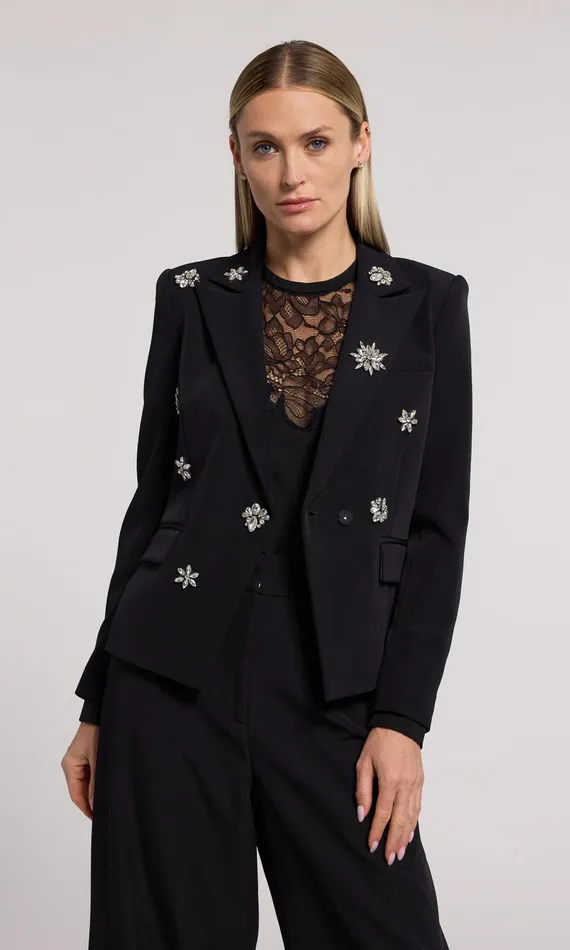 Generation Love Clothing Delilah Crystal Embellished Crepe Blazer Blackclear Women Blazers and Jackets