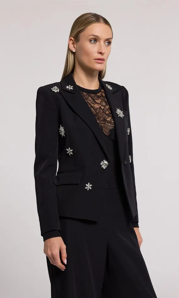 Generation Love Clothing Delilah Crystal Embellished Crepe Blazer Blackclear Women Blazers and Jackets