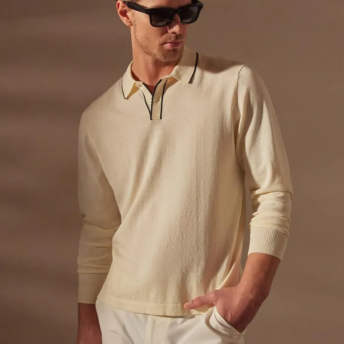 James Perse PolosNovelty Tops Retro Tipped Long Sleeve Polo Ivoryblack 8211 Men James Perse PolosNovelty Tops Retro Tipped Long Sleeve Polo Ivoryblack 8211 Men