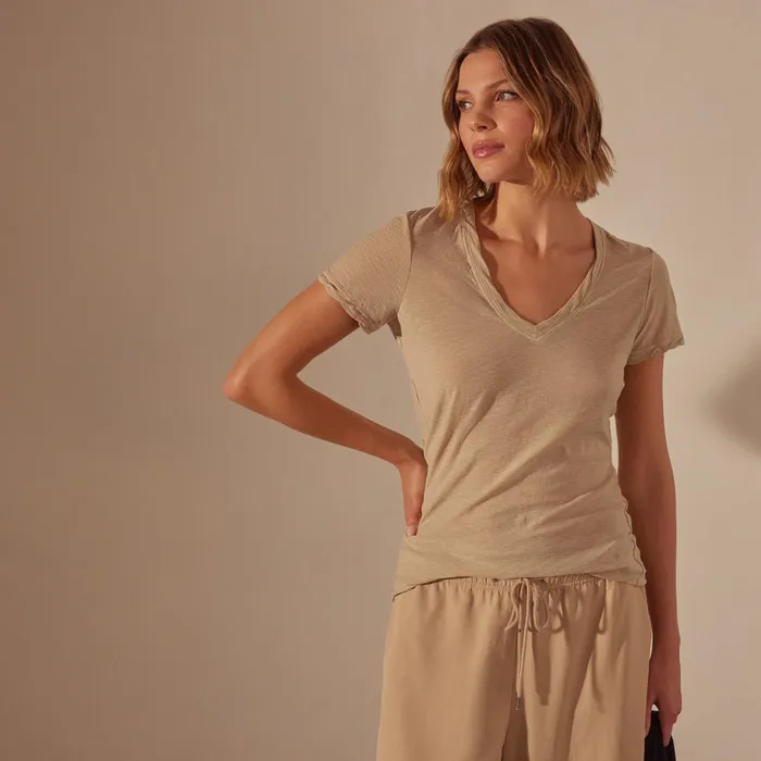 James Perse TShirts Sheer Slub Casual V Neck Sand Dune 8211 Women