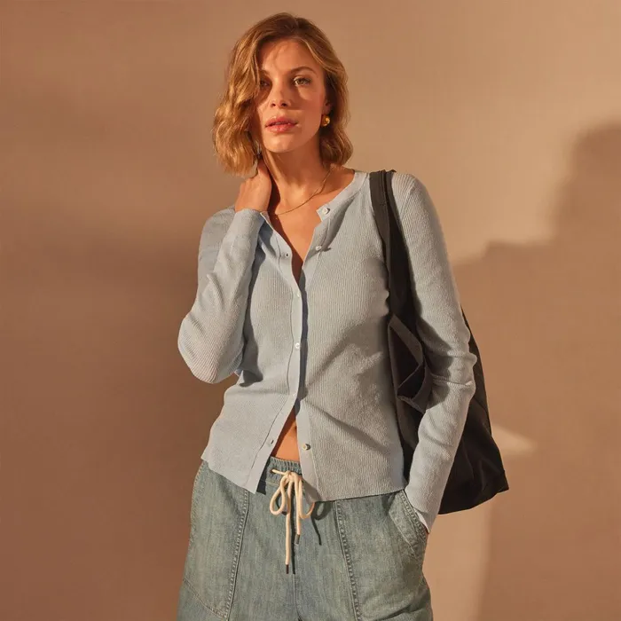 James Perse Tops Stretch Linen Ribbed Cardigan Bleached Blue 8211 Women
