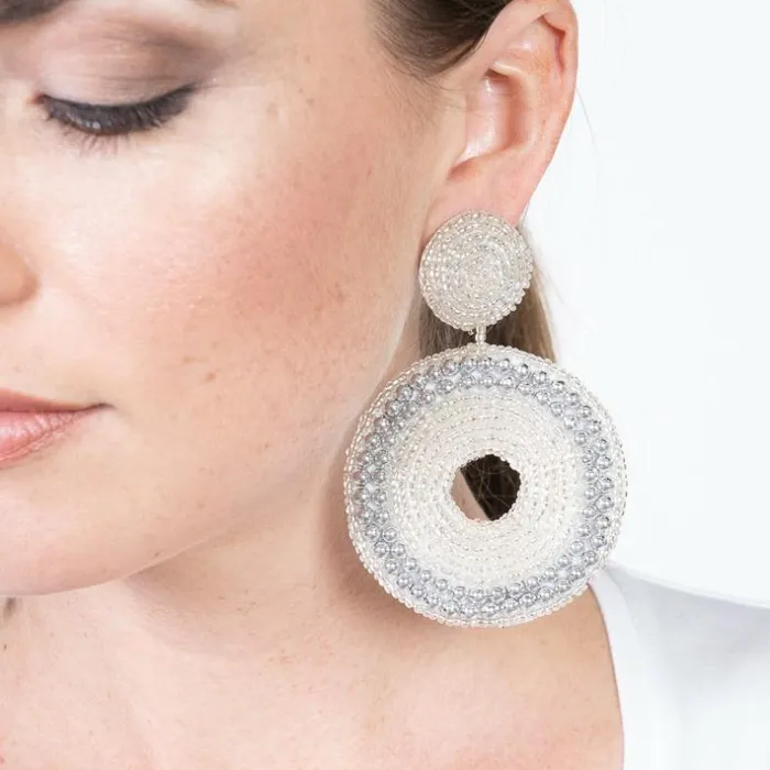 Kenneth Jay Lane Clear Crystal Earrings Women Silver Seedbead Circle Drop Earrings Kenneth Jay Lane Clear Crystal Earrings Women Silver Seedbead Circle Drop Earrings