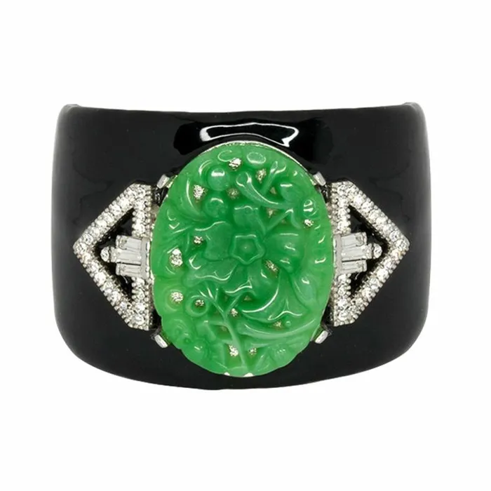 Kenneth Jay Lane Dark Color Bracelets Women Black Enamel and Carved Jade Cuff Kenneth Jay Lane Dark Color Bracelets Women Black Enamel and Carved Jade Cuff
