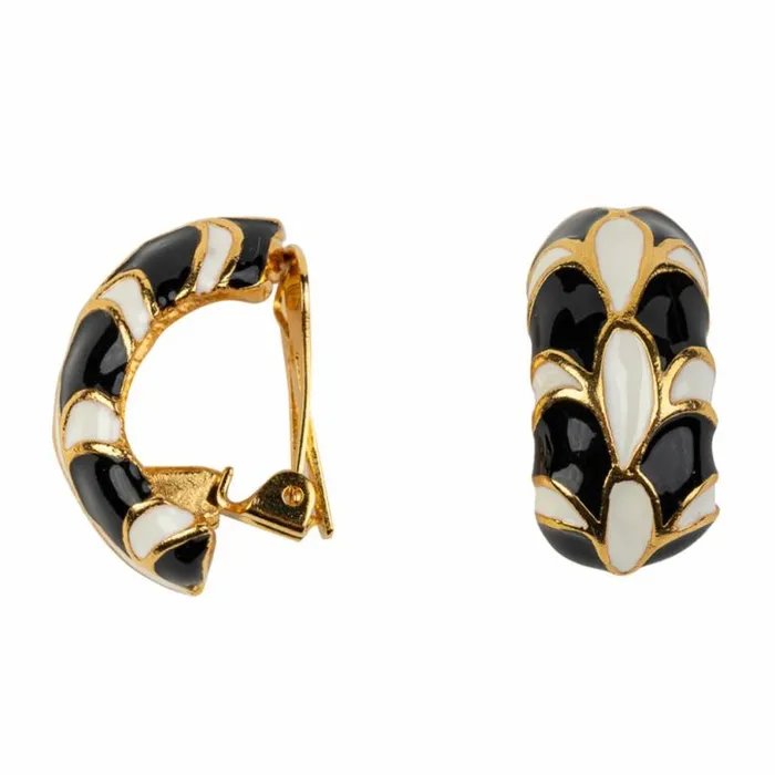 Kenneth Jay Lane Dark Color Earrings Women Black And White Enamel Small Hoop Clip Earrings