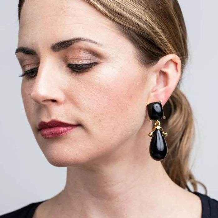Kenneth Jay Lane Dark Color Earrings Women Black Square Top Drop Clip Earrings