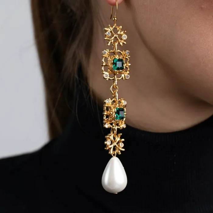 Kenneth Jay Lane Dark Color Gem Earrings Women Antique Gold Crystal Emerald And White Pearl Earrings