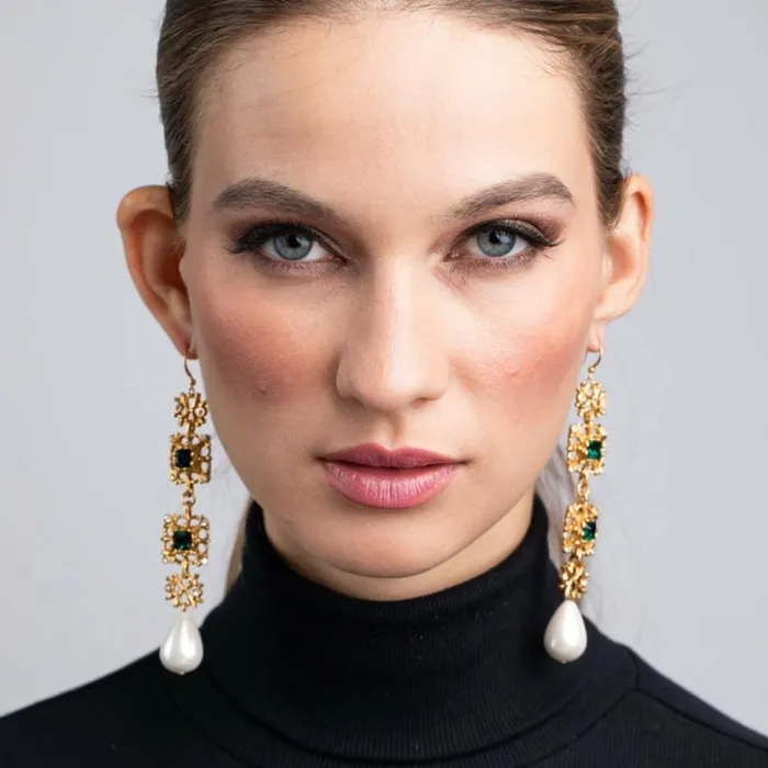 Kenneth Jay Lane Dark Color Gem Earrings Women Antique Gold Crystal Emerald And White Pearl Earrings