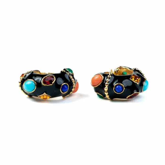 Kenneth Jay Lane Dark Color Gem Earrings Women Black and Multicolored Gemstone Hoop Clip Earrings Kenneth Jay Lane Dark Color Gem Earrings Women Black and Multicolored Gemstone Hoop Clip Earrings