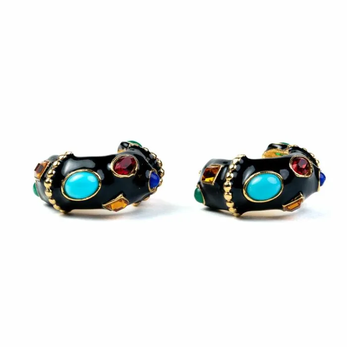 Kenneth Jay Lane Dark Color Gem Earrings Women Black and Multicolored Gemstone Hoop Clip Earrings