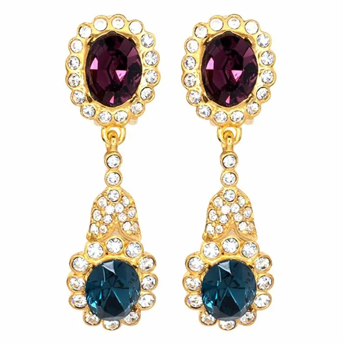 Kenneth Jay Lane Dark Color Gem Earrings Women Gold Crystal and Sapphire Drop Clip Earrings Kenneth Jay Lane Dark Color Gem Earrings Women Gold Crystal and Sapphire Drop Clip Earrings