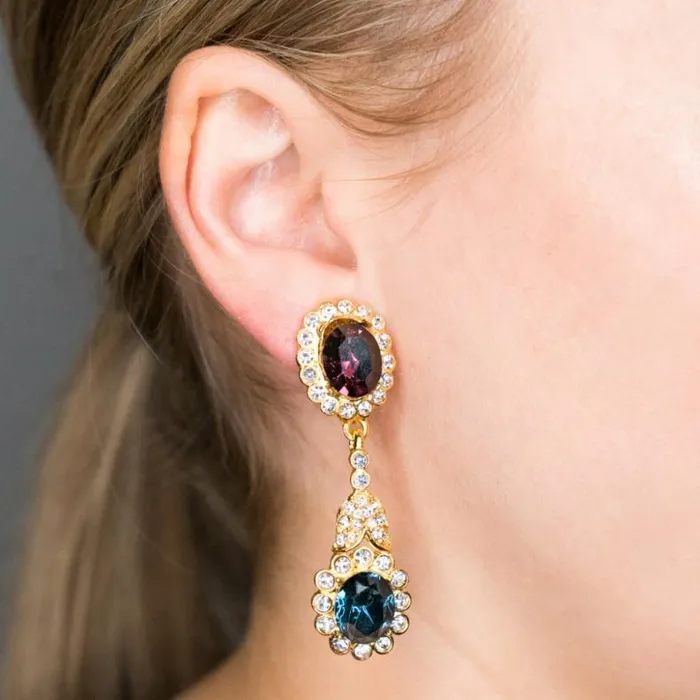 Kenneth Jay Lane Dark Color Gem Earrings Women Gold Crystal and Sapphire Drop Clip Earrings